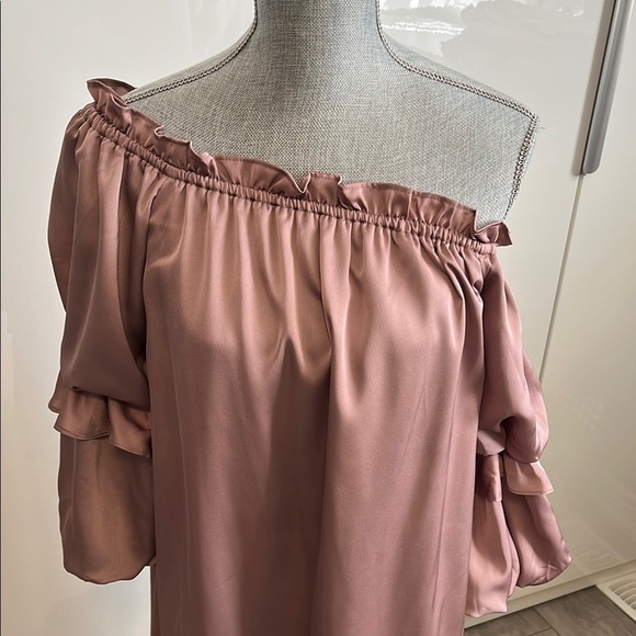 BLUSH Satiny Off-Shoulder Puff Sleeve Lined Dress in Blush, Size M - Picture 2 of 11